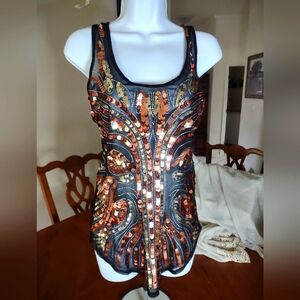 Gold Orange Black Sequin Razor back tank blouse.